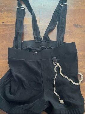 Black High-Waist Suspender Shorts with Chain Accent